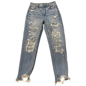 American Eagle Mom Jeans Womens Size 2 Blue Stretch Thrashed Destroyed Hipster